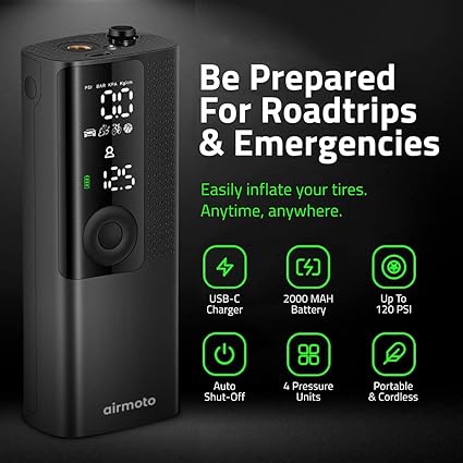 Airmoto Tire Inflator Portable Air Compressor - Air Pump For Car Tires with Digital Pressure Gauge, LED Light and Auto Shut-Off Function - Cordless Pump for Car, Motorcycle, Bicycle, Ball