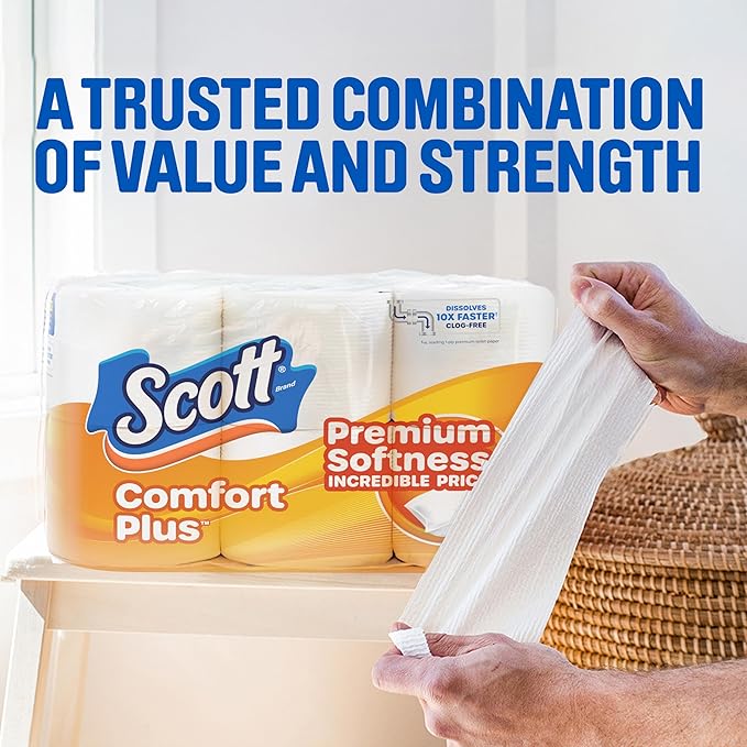 Scott ComfortPlus Toilet Paper, 12 Double Rolls, 231 Sheets per Roll, Septic-Safe, 1-Ply Toilet Tissue